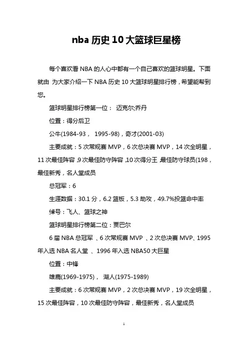 nba历史10大篮球巨星榜