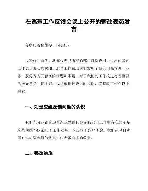 在巡查工作反馈会议上公开的整改表态发言