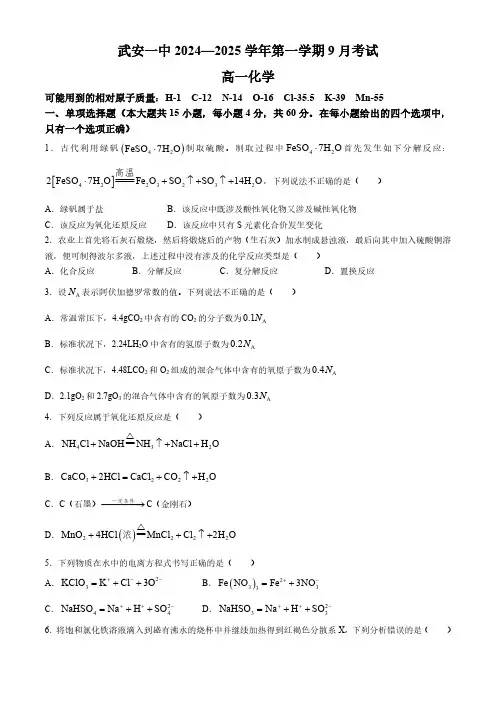 河北省邯郸市武安市第一中学2024-2025学年高一上学期9月月考化学试题(无答案)