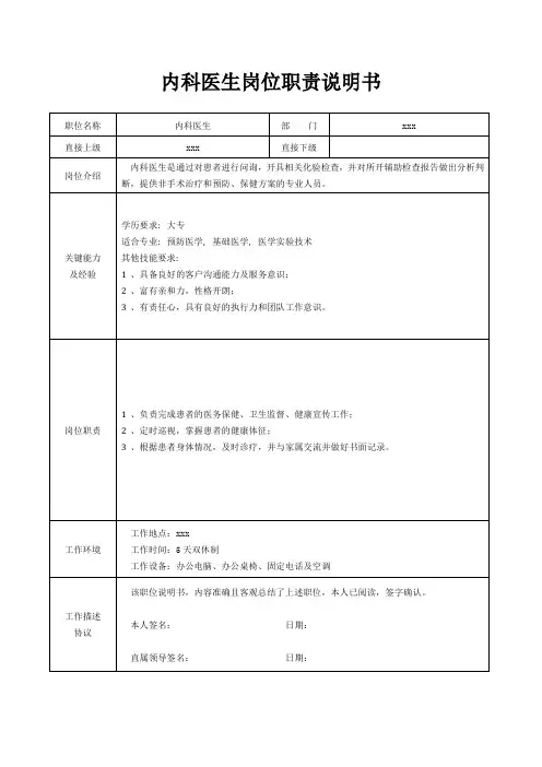 内科医生岗位职责说明书[精美打印版本]