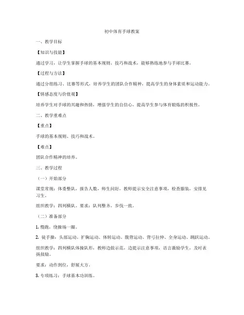 初中体育手球教案