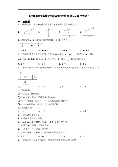 七年级上册娄底数学期末试卷同步检测(Word版 含答案)