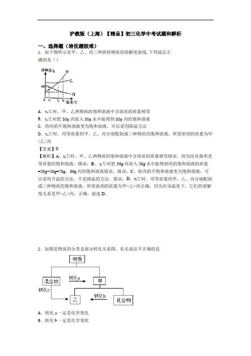 沪教版(上海)【精品】初三化学中考试题和解析