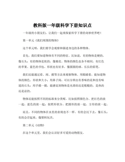 教科版一年级科学下册知识点
