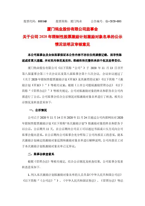 600549厦门钨业监事会关于公司2020年限制性股票激励计划激励对象2020-12-04