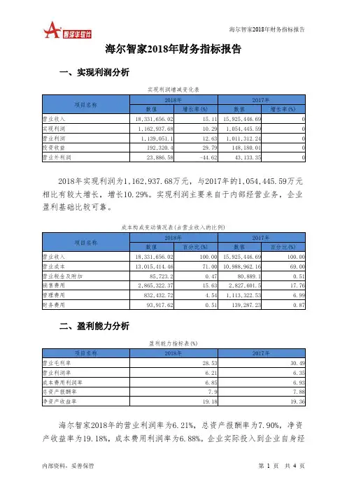 海尔智家2018年财务指标报告-智泽华