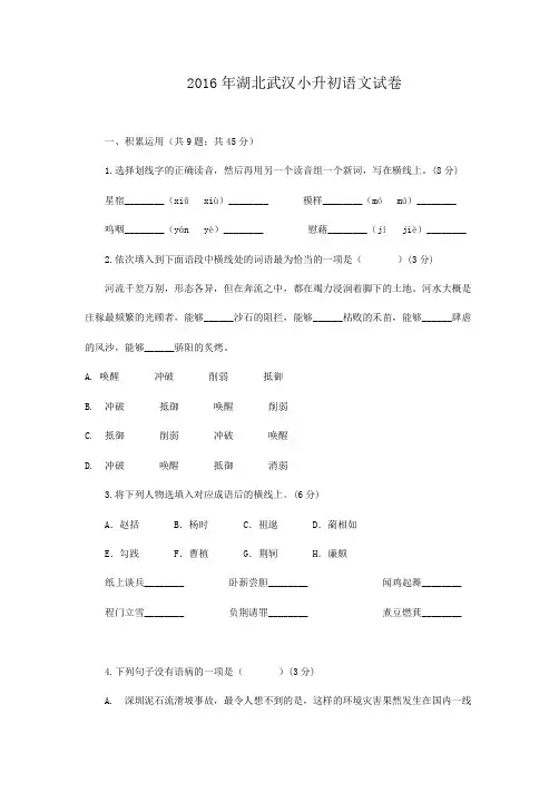 2016年湖北武汉小升初语文试卷