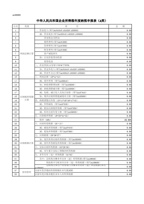 A100000中华人民共和国企业所得税年度纳税申报表(A类)