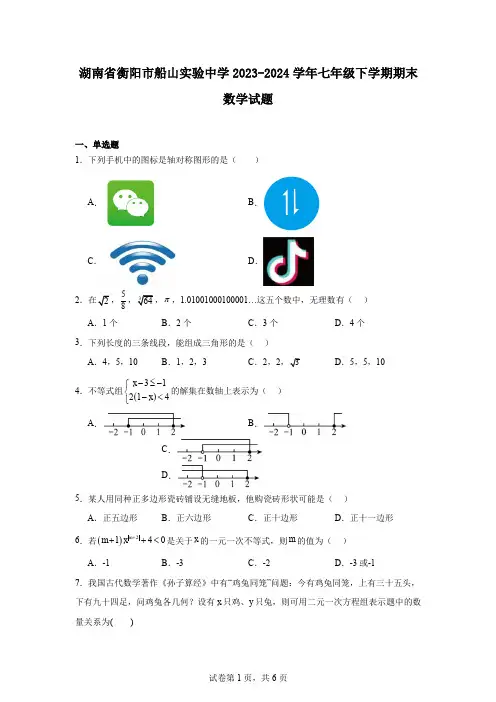 湖南省衡阳市船山实验中学2023-2024学年七年级下学期期末数学试题