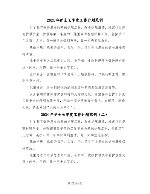 2024年护士长季度工作计划范例（三篇）