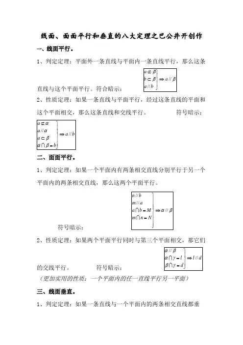 线面、面面平行和垂直的八大定理-平面八大定理