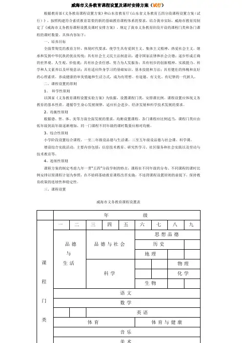 威海市义务教育课程设置及课时安排方案