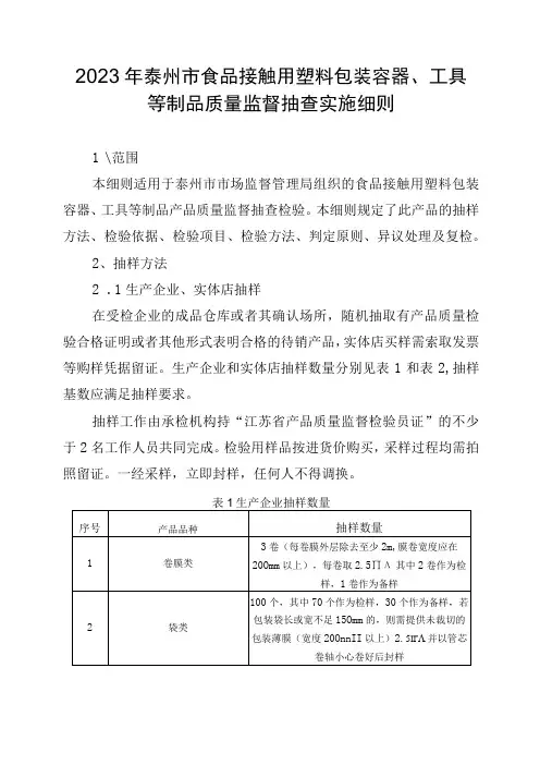 2023年泰州市市级产品质量监督抽查实施细则(食品接触用塑料包装容器工具等制品)