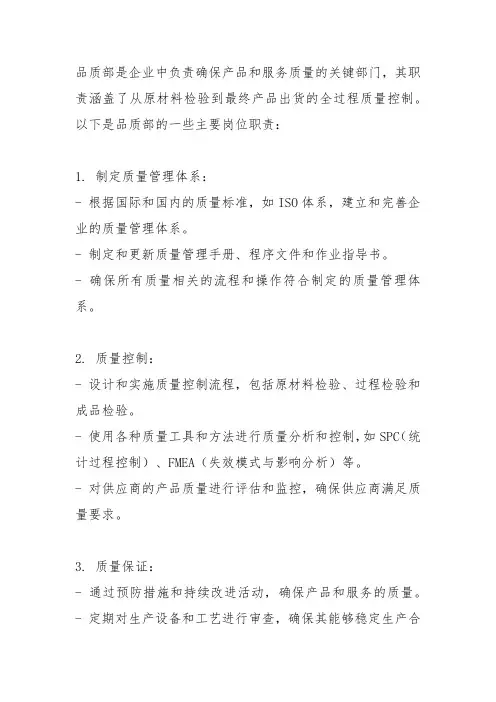 品质部岗位职责