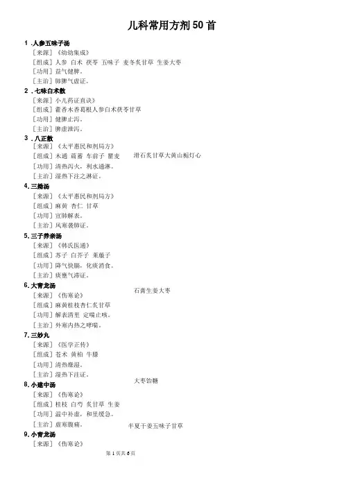 儿科常用方剂50首方剂