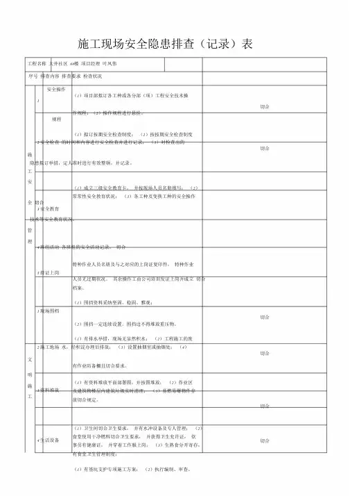 有关施工现场安全隐患排查记录表