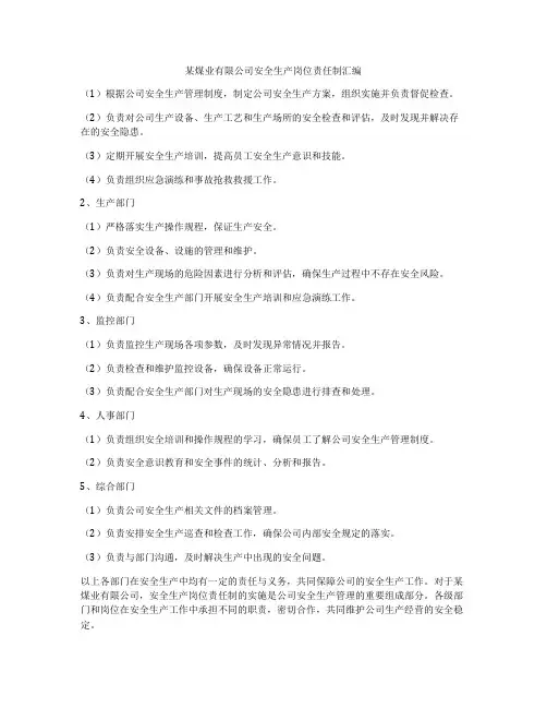 某煤业有限公司安全生产岗位责任制汇编