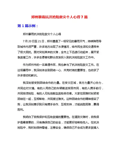 郑州暴雨抗洪抢险救灾个人心得7篇