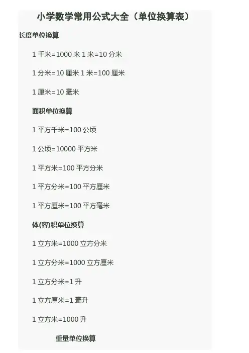 最全小学数学常用公式大全(单位换算表)