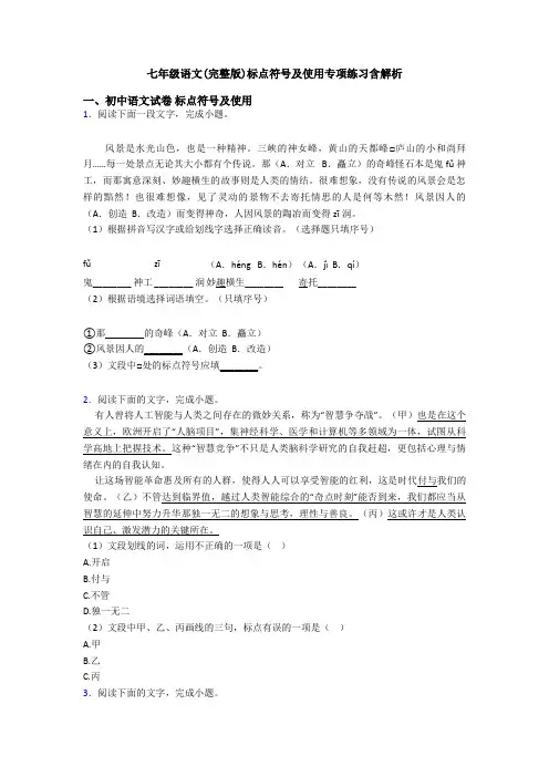 七年级语文(完整版)标点符号及使用专项练习含解析