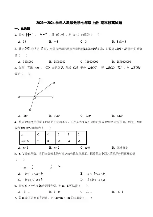 2023—2024学年人教版数学七年级上册 期末拔高试题