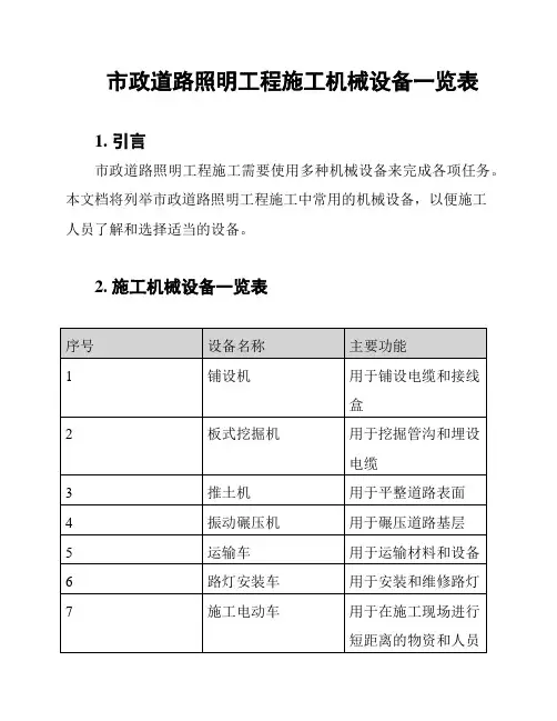 市政道路照明工程施工机械设备一览表