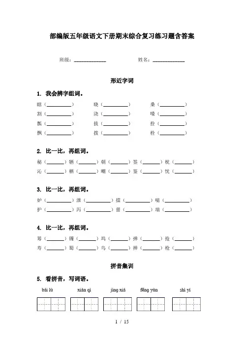 部编版五年级语文下册期末综合复习练习题含答案