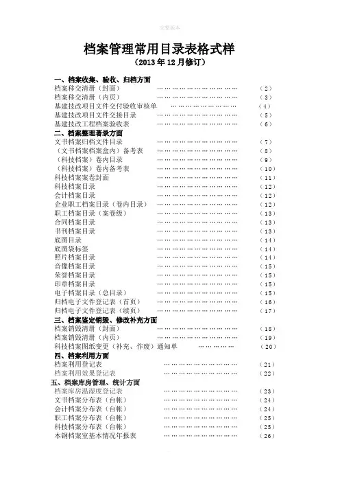 档案管理常用目录表格式样