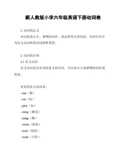 新人教版小学六年级英语下册动词表