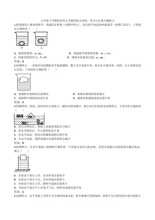 2019-2020人教版八年级下学期同步单元专题讲练大培优：浮力与压强专题练习