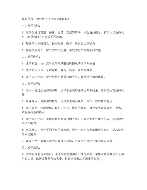 初中数学角的教案反思