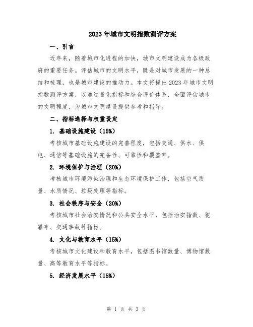 2023年城市文明指数测评方案