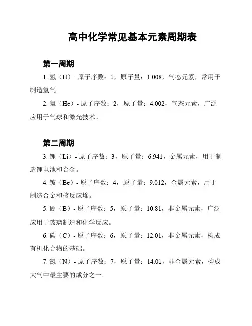 高中化学常见基本元素周期表