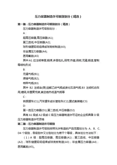 压力容器制造许可级别划分（精选）