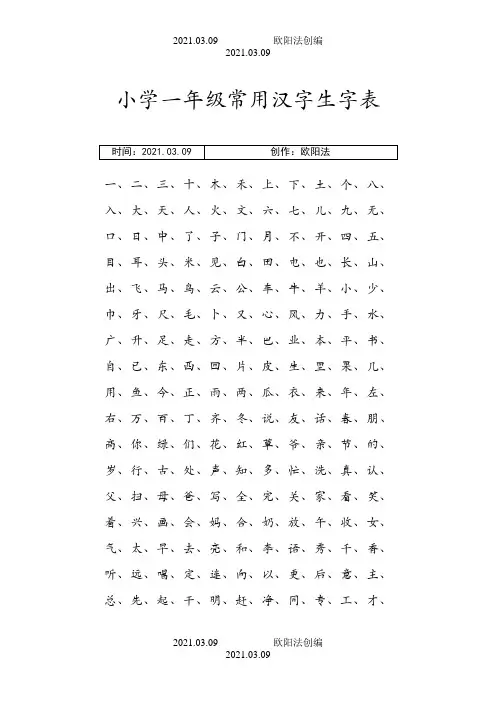 小学1-6年级常用汉字生字表,A4打印版之欧阳法创编