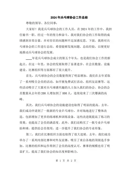 2024年兵乓球协会工作总结