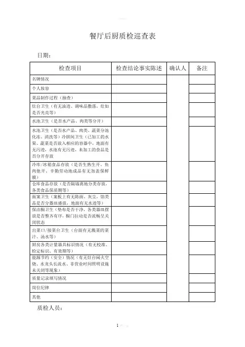 餐厅质检表格