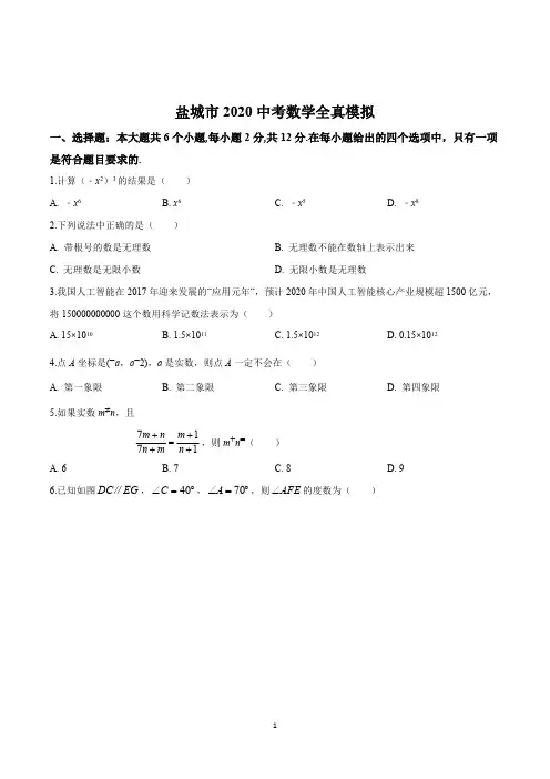 盐城市2020中考数学最后一卷含解析