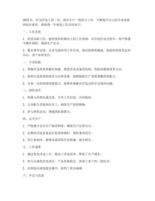 浮选工个人工作总结范文