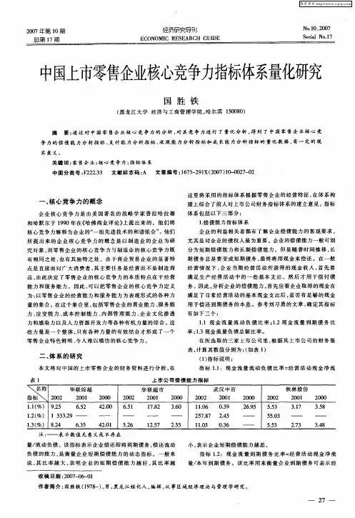 中国上市零售企业核心竞争力指标体系量化研究