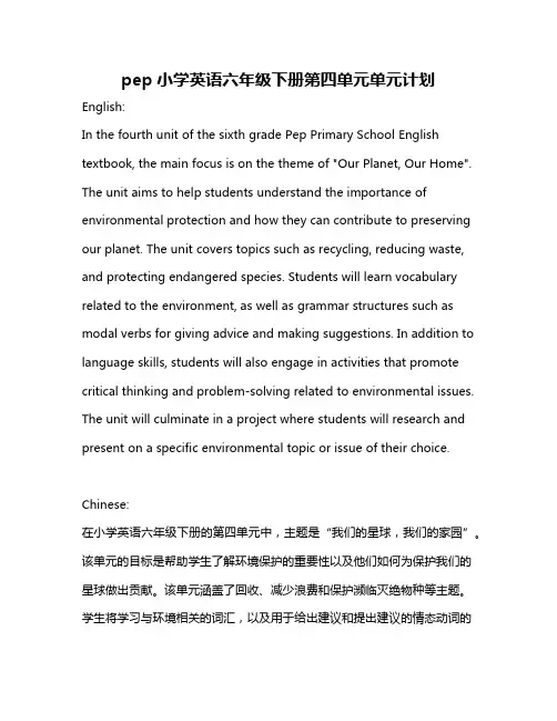 pep小学英语六年级下册第四单元单元计划