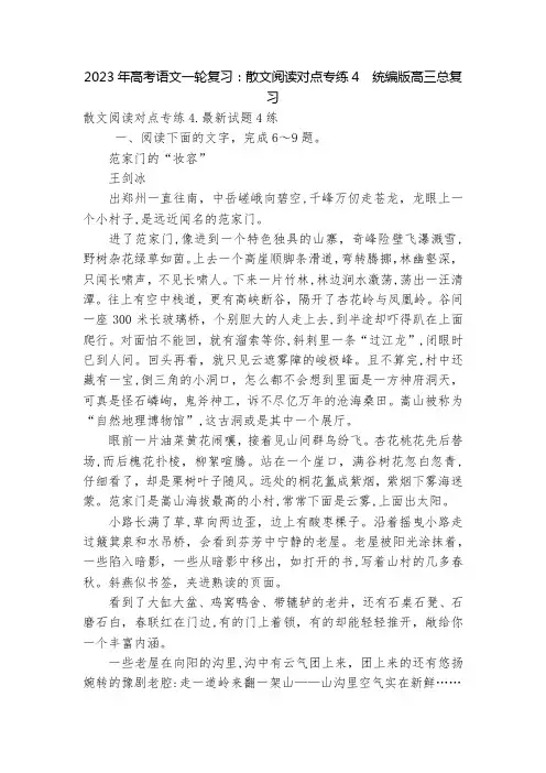 2023年高考语文一轮复习：散文阅读对点专练4--统编版高三总复习