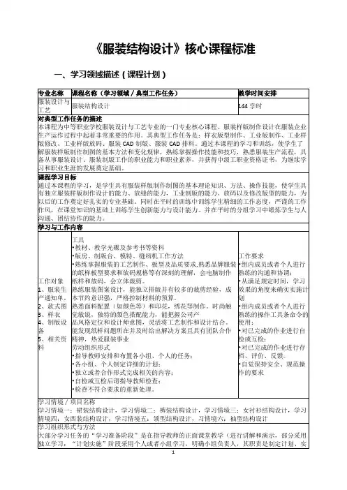 《服装结构设计》核心课程标准