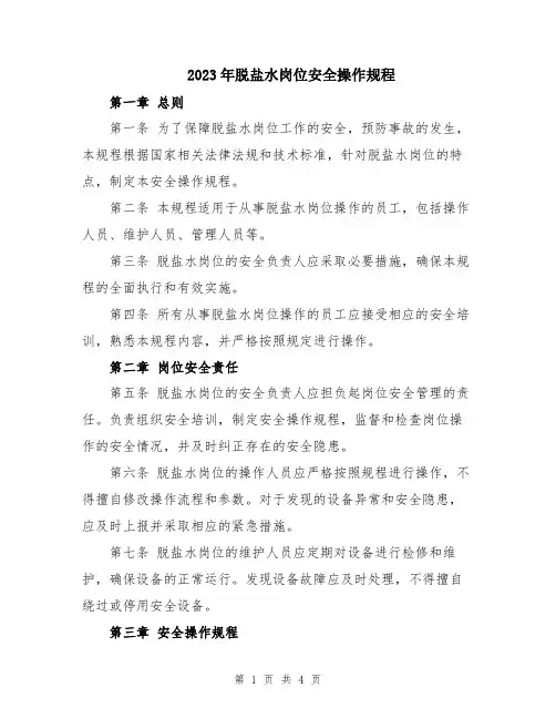 2023年脱盐水岗位安全操作规程