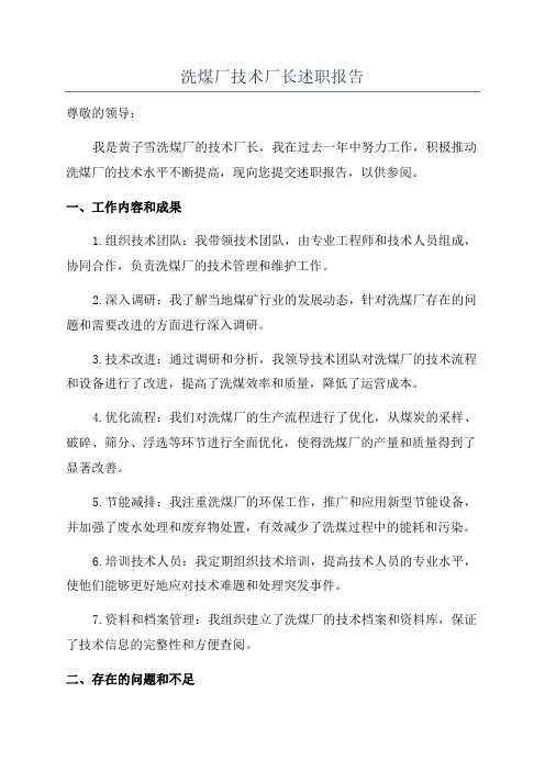 洗煤厂技术厂长述职报告