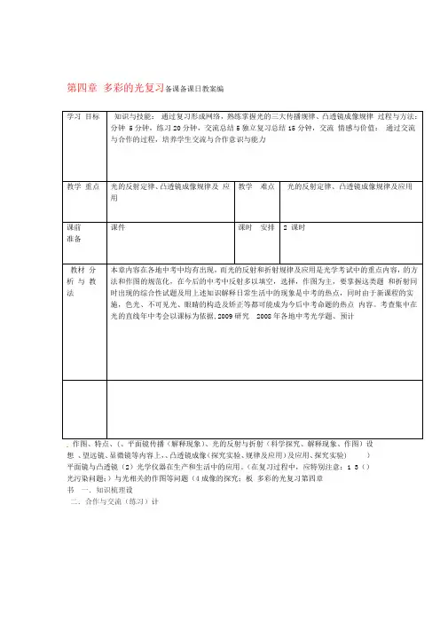 八年级物理 第四章多彩的光复习教案 沪科版
