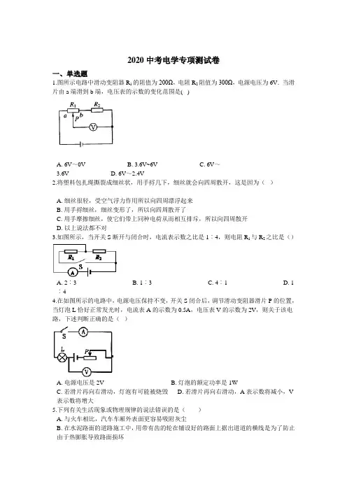 2020初中物理中考电学专项测试卷-含答案