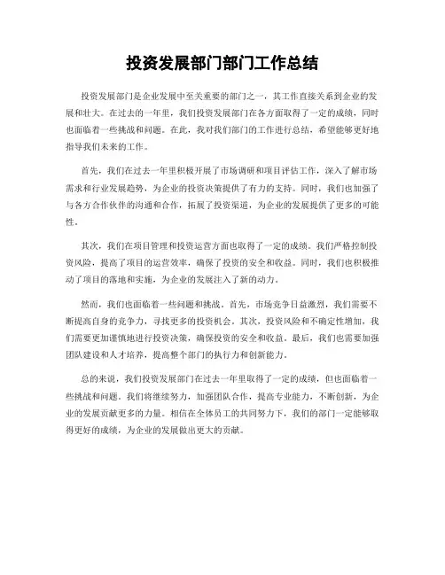 投资发展部门部门工作总结