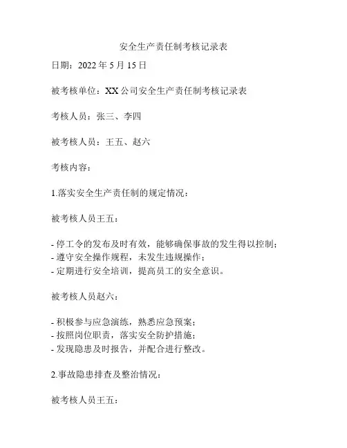 安全生产责任制考核记录表