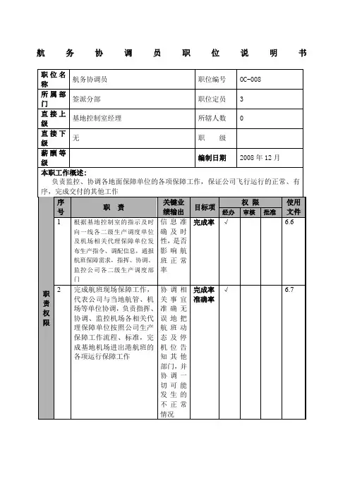 某航空物流公司航务协调员职位说明书及关键绩效标准